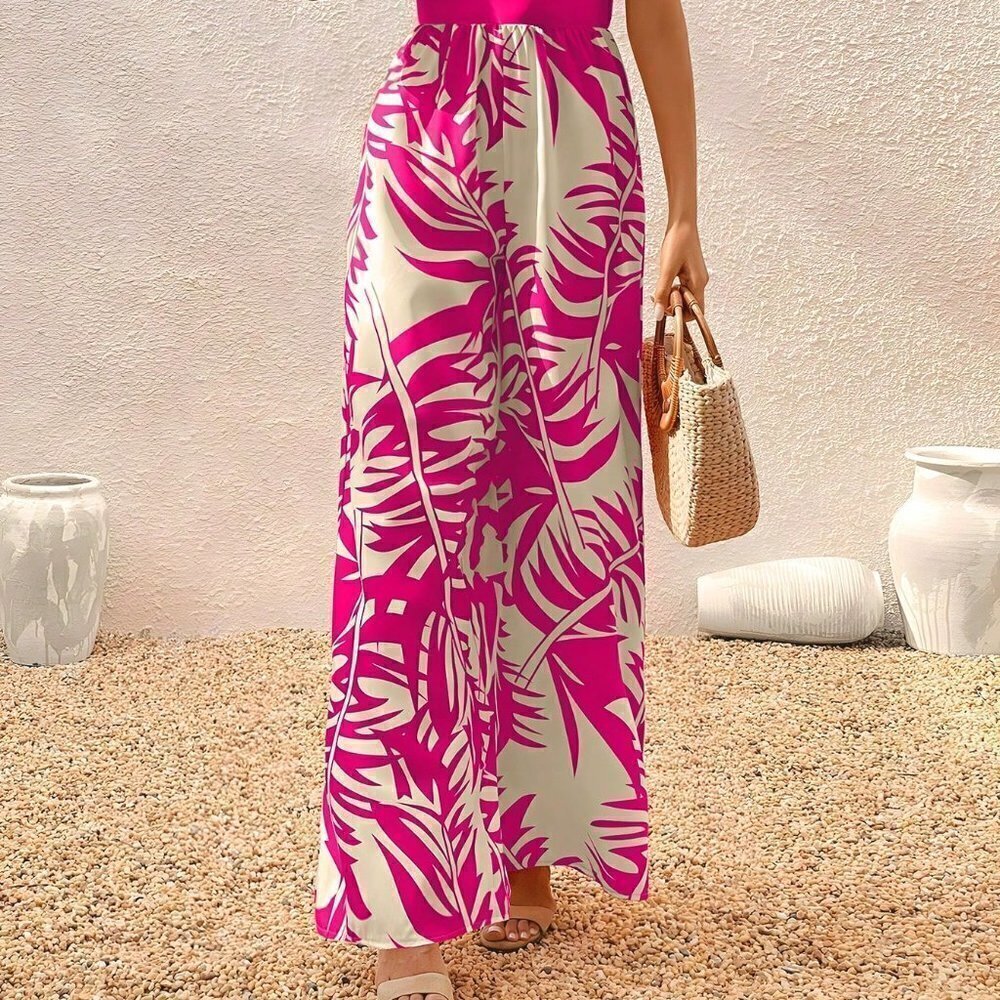Pink Boho Womens Tropical Print Tie Backless Halter Neck Wide Leg Jumpsuit - Picture 3 of 5